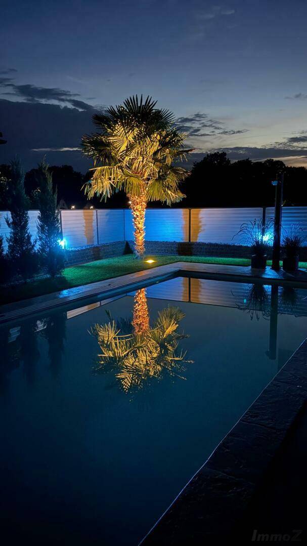 Beleuchteter Poolbereich im Garten bei Nacht mit reflektierenden Palmen.