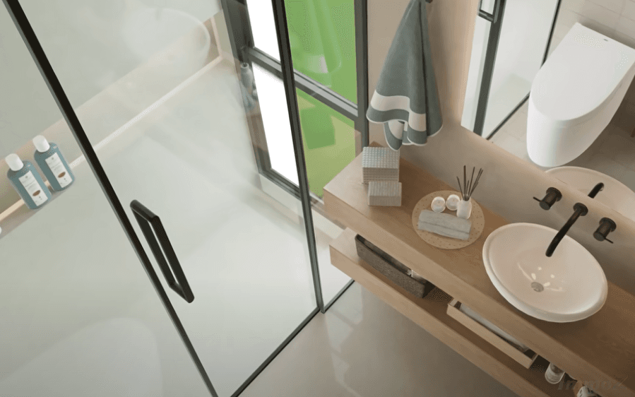 Modernes Badezimmer mit begehbarer Dusche, Einzelwaschbecken und WC.