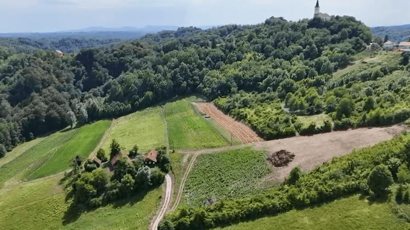 Panoramablick über grüne Felder und Wälder mit einer Kirche auf einem Hügel.