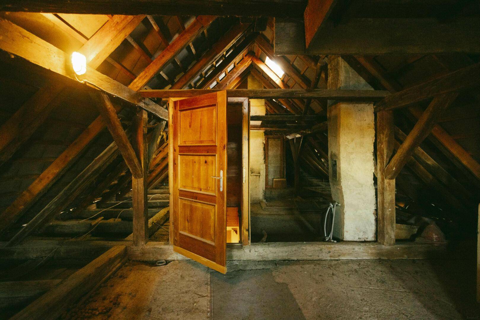 Geräumiger Dachboden mit sichtbarer Holzkonstruktion und viel Potenzial für Ausbau.