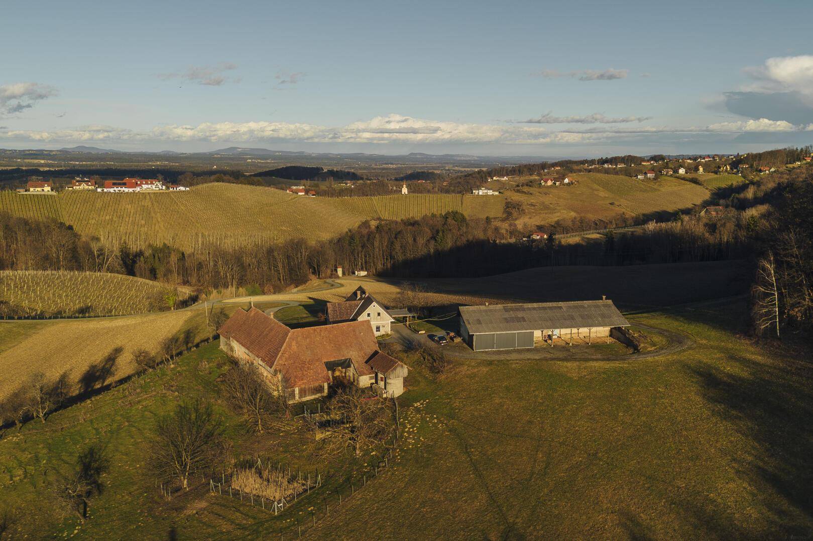 Weitläufige Luftaufnahme eines Anwesens in einer hügeligen Landschaft mit Weinbergen und Feldern.
