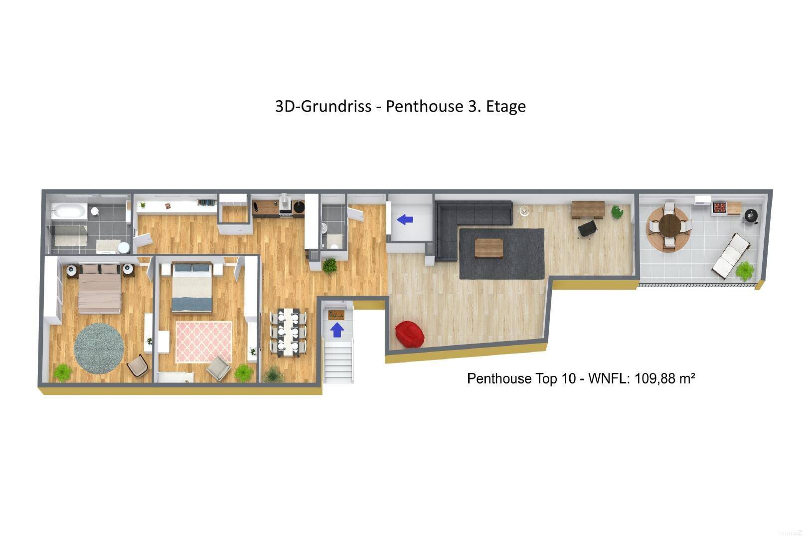 3D-Grundriss des Penthouses mit möblierten Räumen und einer großzügigen Terrasse.