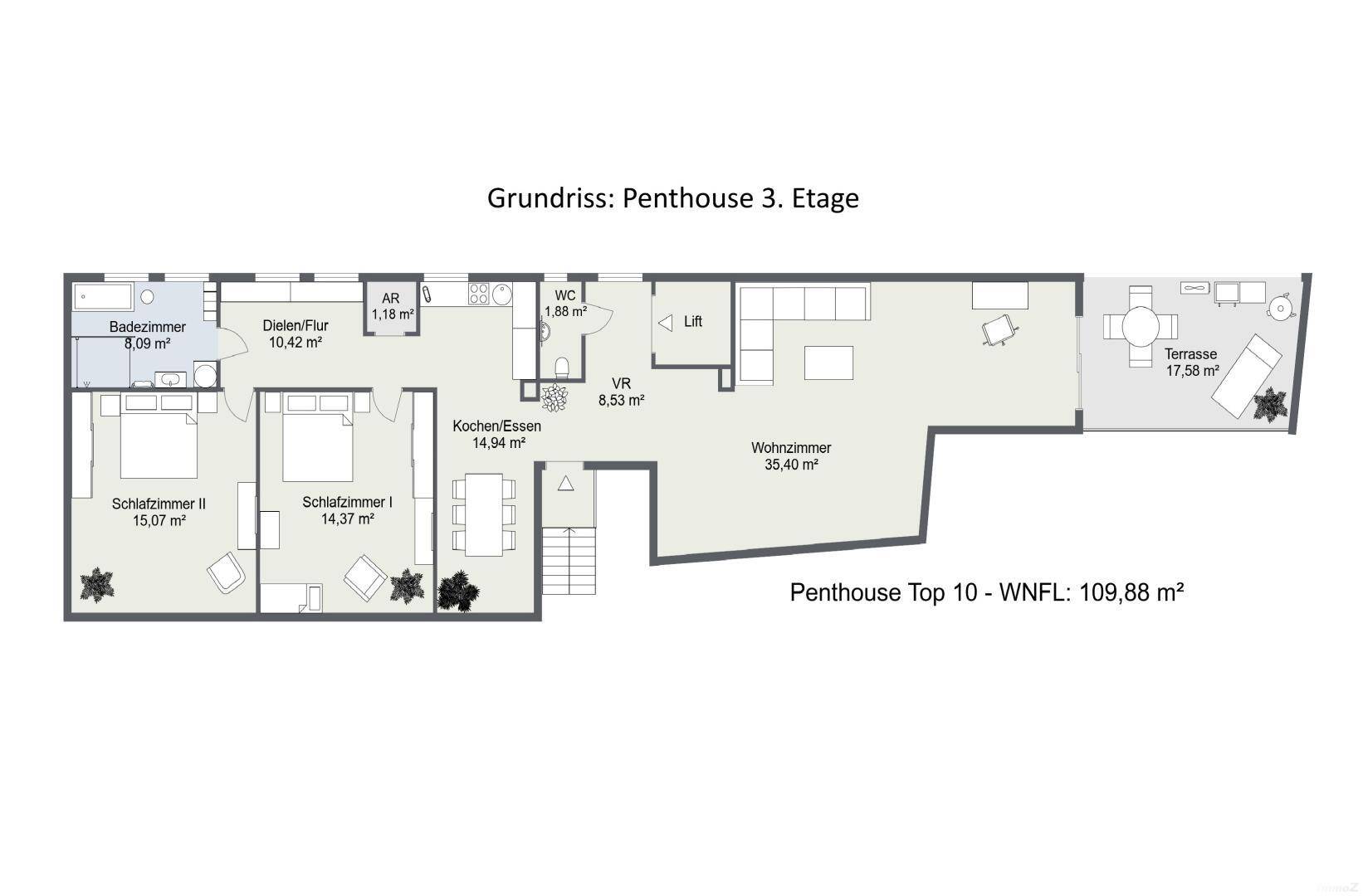 Grundriss des Penthouses im 3. Stock mit Wohnzimmer, zwei Schlafzimmern und großer Terrasse.