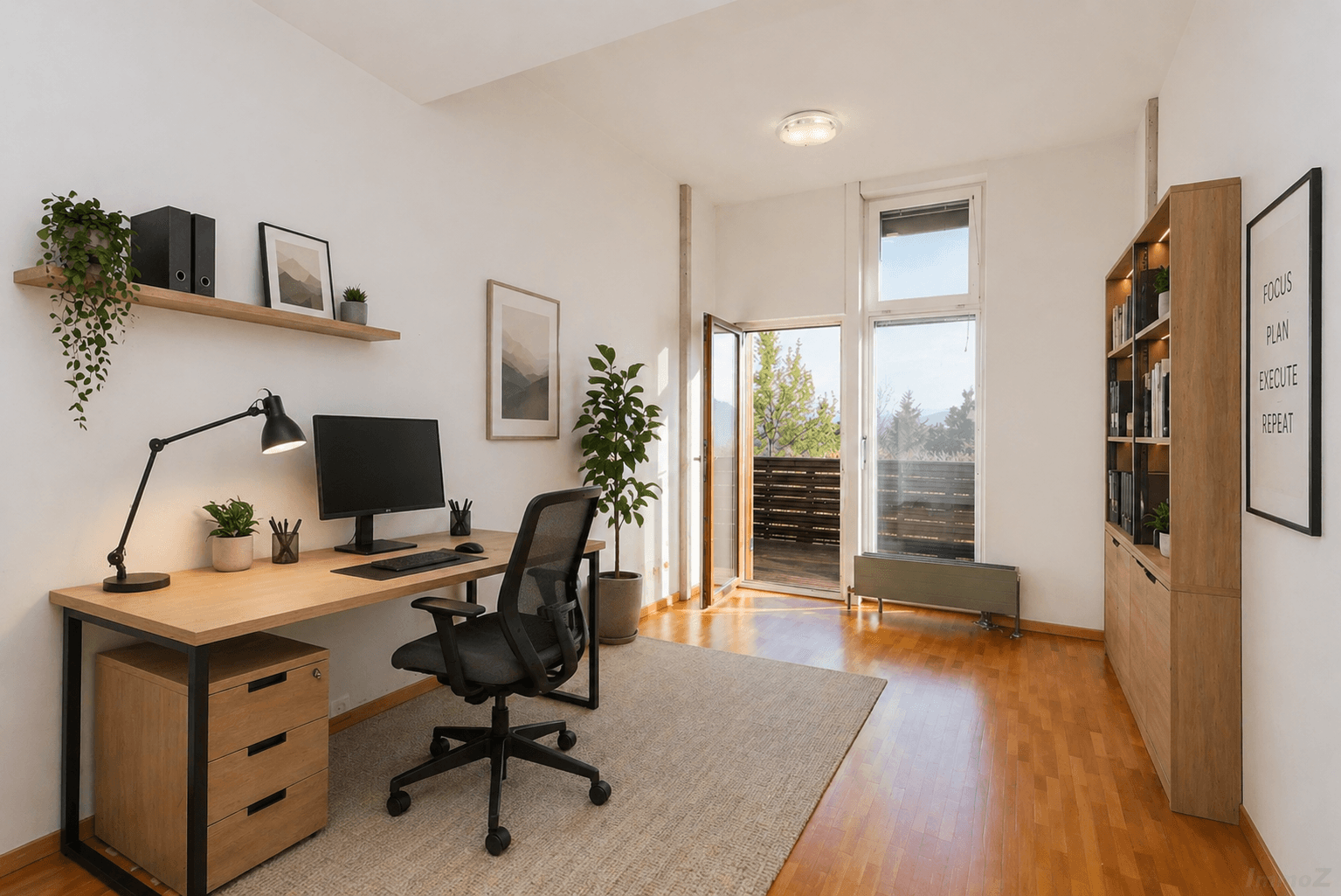 Modern eingerichtetes Arbeitszimmer mit Holzboden, Schreibtisch und Balkonzugang.