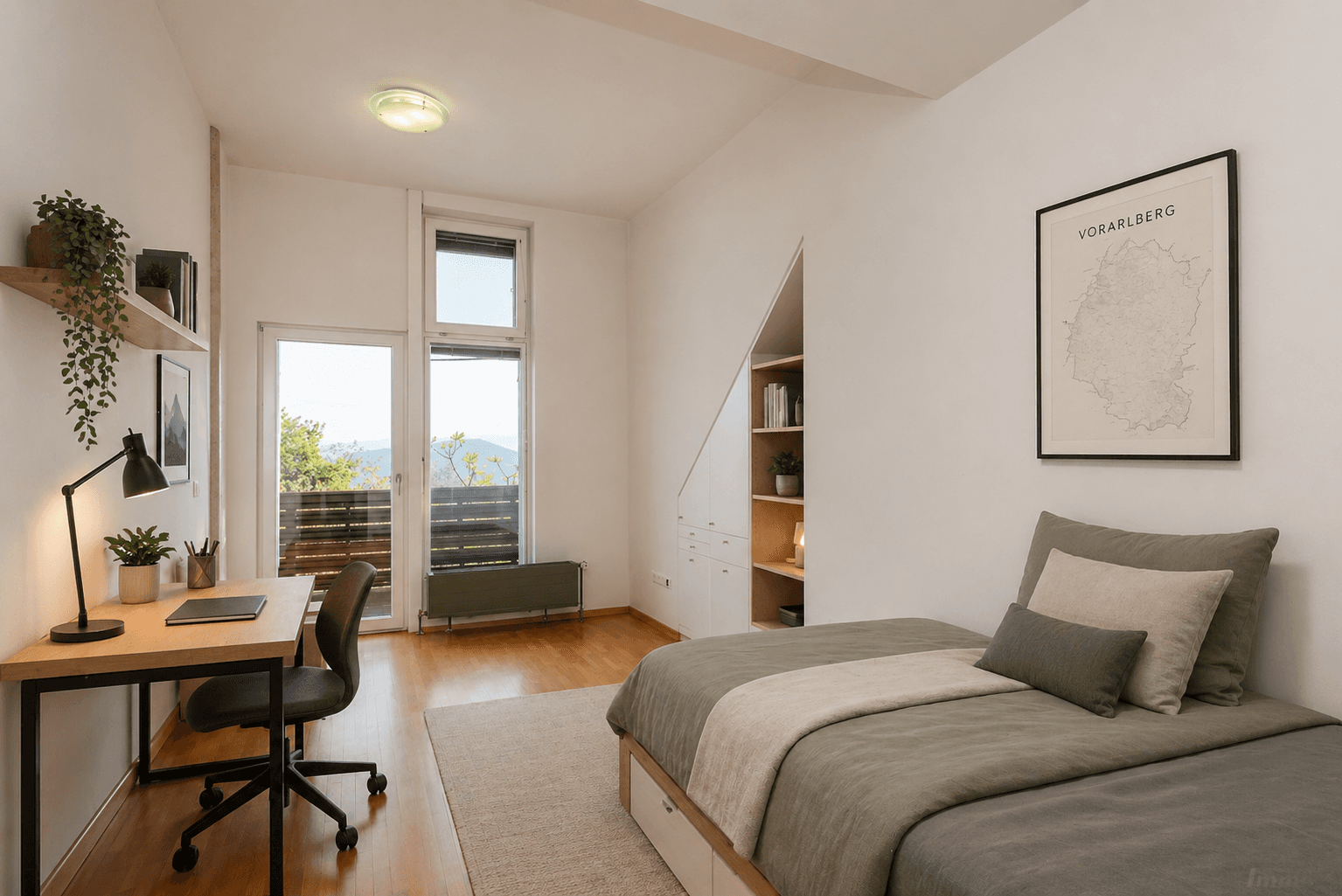 Modern eingerichtetes Schlafzimmer mit Holzboden, Schreibtisch und Balkonzugang.