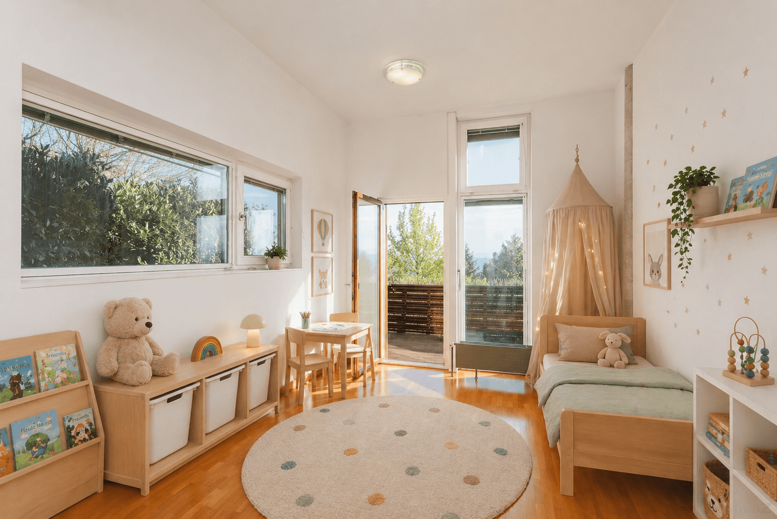 Helles Kinderzimmer mit Holzboden, Zugang zum Balkon und kindgerechter Einrichtung.
