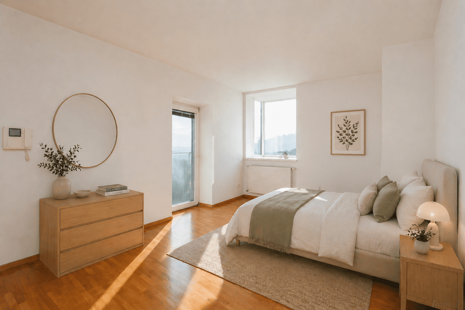 Helles Schlafzimmer mit Holzboden, modernem Bett und Zugang zu einem französischen Balkon.