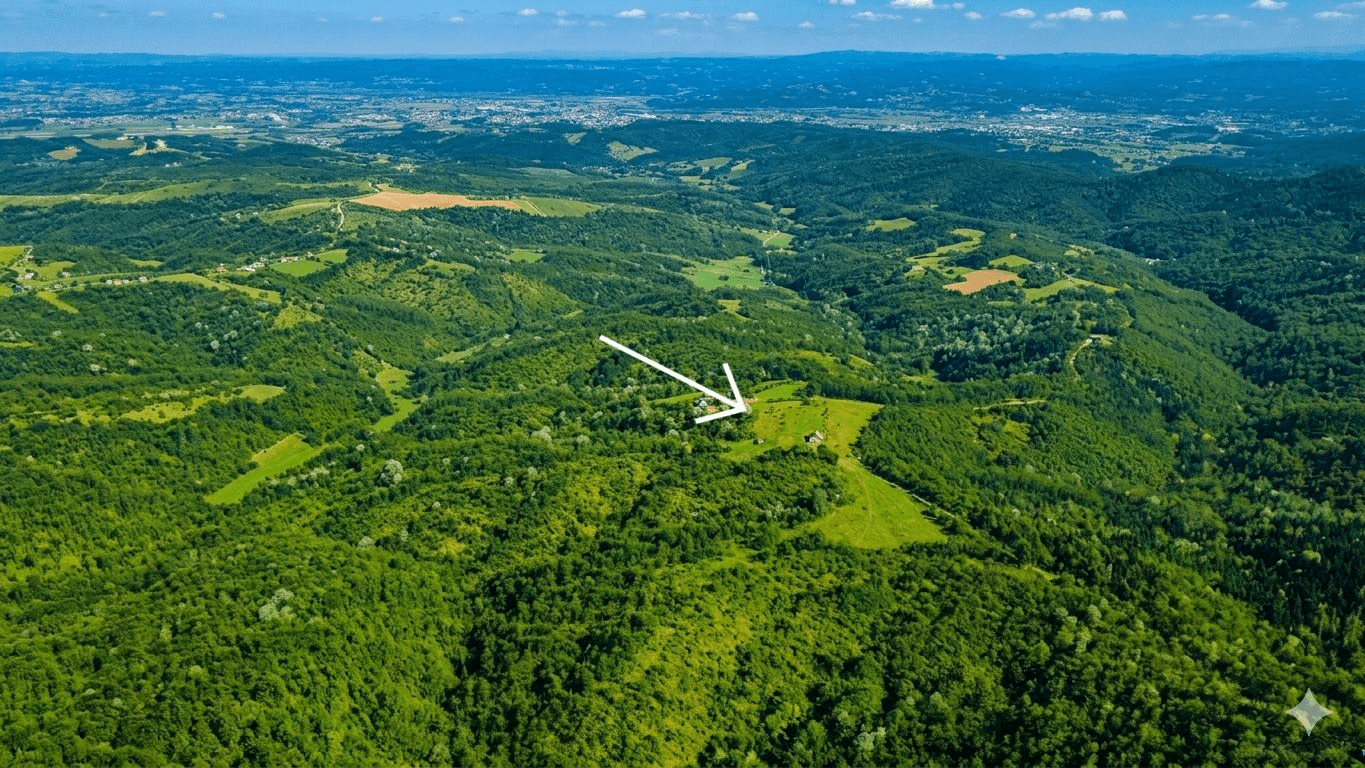 Luftaufnahme einer weitläufigen grünen Hügellandschaft mit einem kleinen Haus in der Ferne, umgeben von Natur.