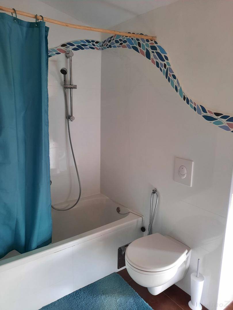 Badezimmer mit Badewanne, Duschfunktion und wandmontierter Toilette sowie farbigen Mosaikfliesen.