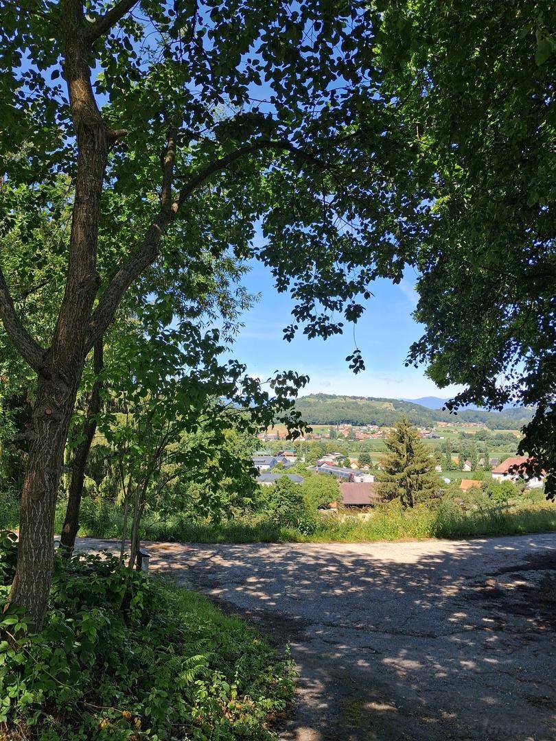 Malerischer Ausblick auf ein Dorf und die umliegende grüne Landschaft unter blauem Himmel.