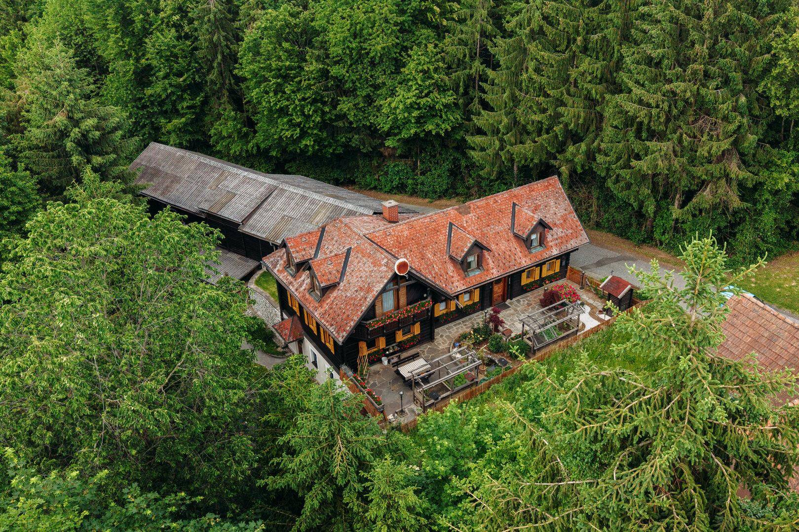 Luftaufnahme des Anwesens mit Haupthaus, Nebengebäuden und viel Grün.