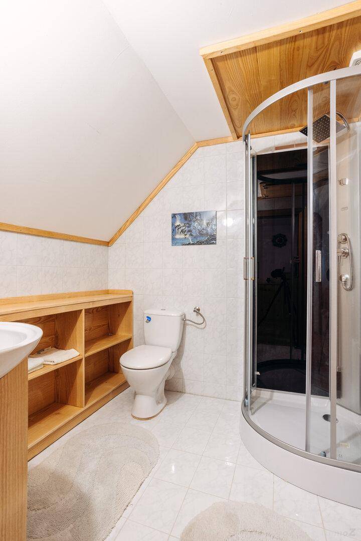 Dachgeschoss-Badezimmer mit Duschkabine, WC und Holzdecke.