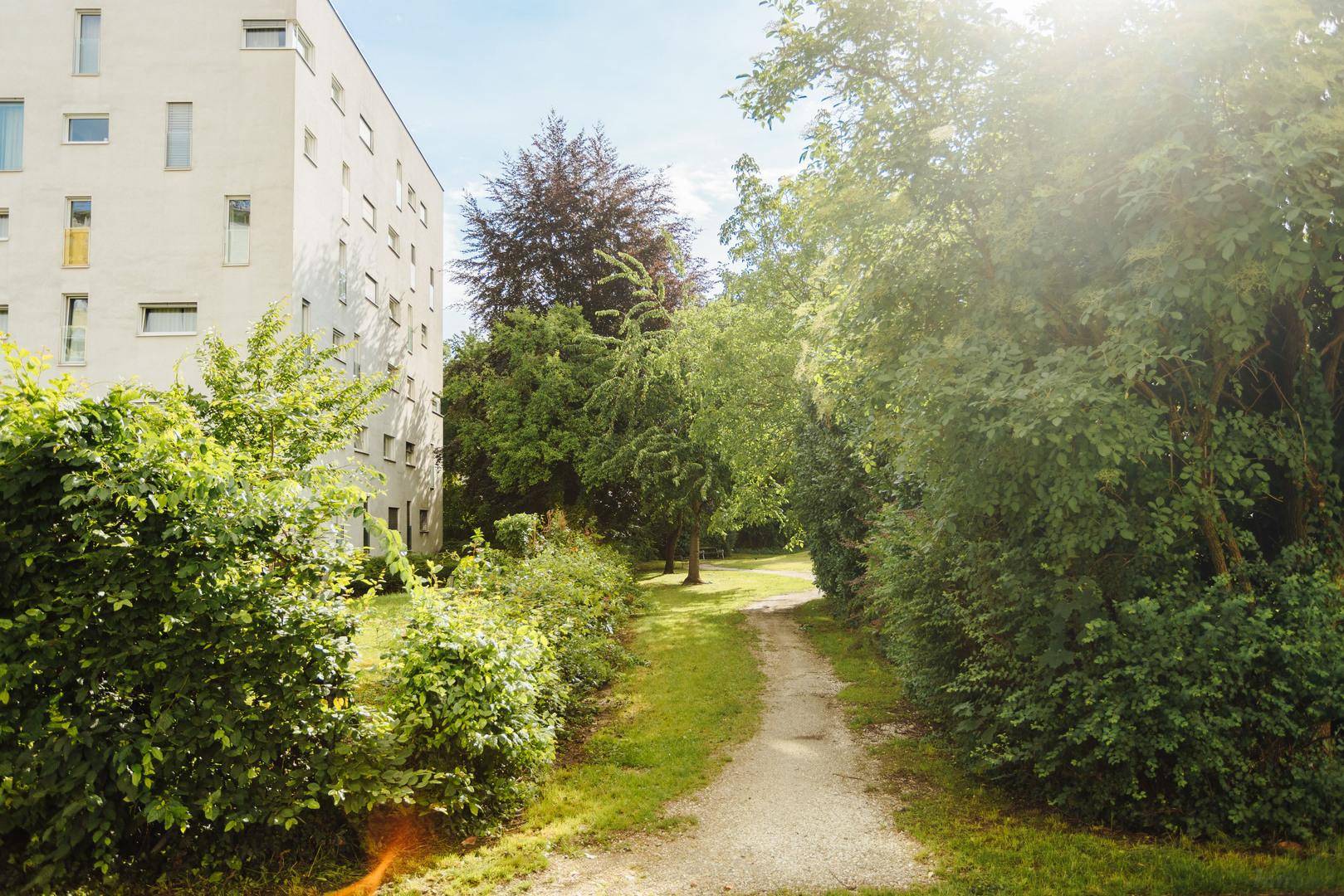 Moderne Wohnanlage mit viel Grün und einem Spazierweg im Freien an einem sonnigen Tag.