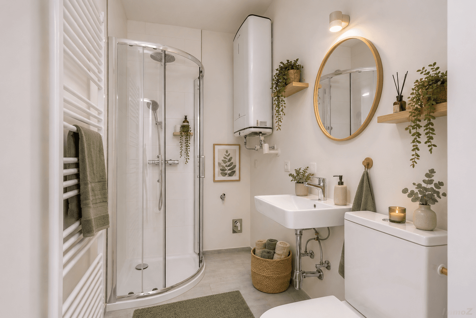 Modernes Badezimmer mit Eckdusche, Waschbecken, WC, Handtuchheizkörper und stilvoller Dekoration.