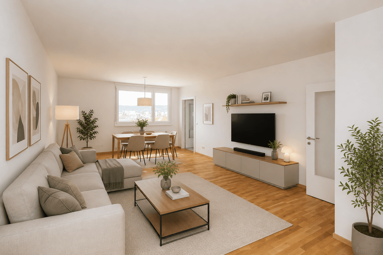 Heller Wohn-Essbereich mit Sofa, Esstisch und Blick auf die Stadt, modern und offen gestaltet.