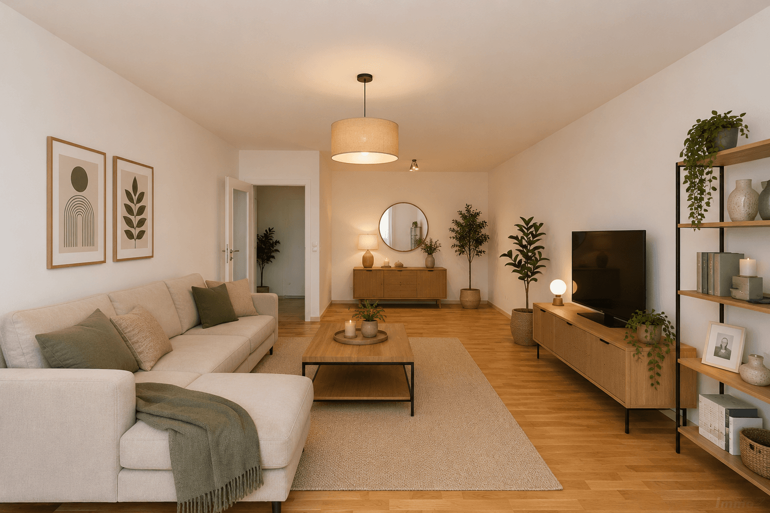 Gemütliches Wohnzimmer mit großem Sofa, Holzboden und Bücherregal, modern eingerichtet.
