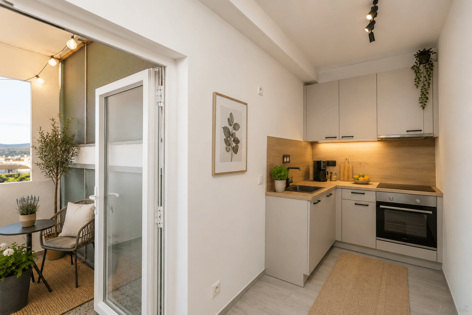 Moderne Küche mit hellgrauen Schränken, Holzakzenten und direktem Zugang zu einem möblierten Balkon.