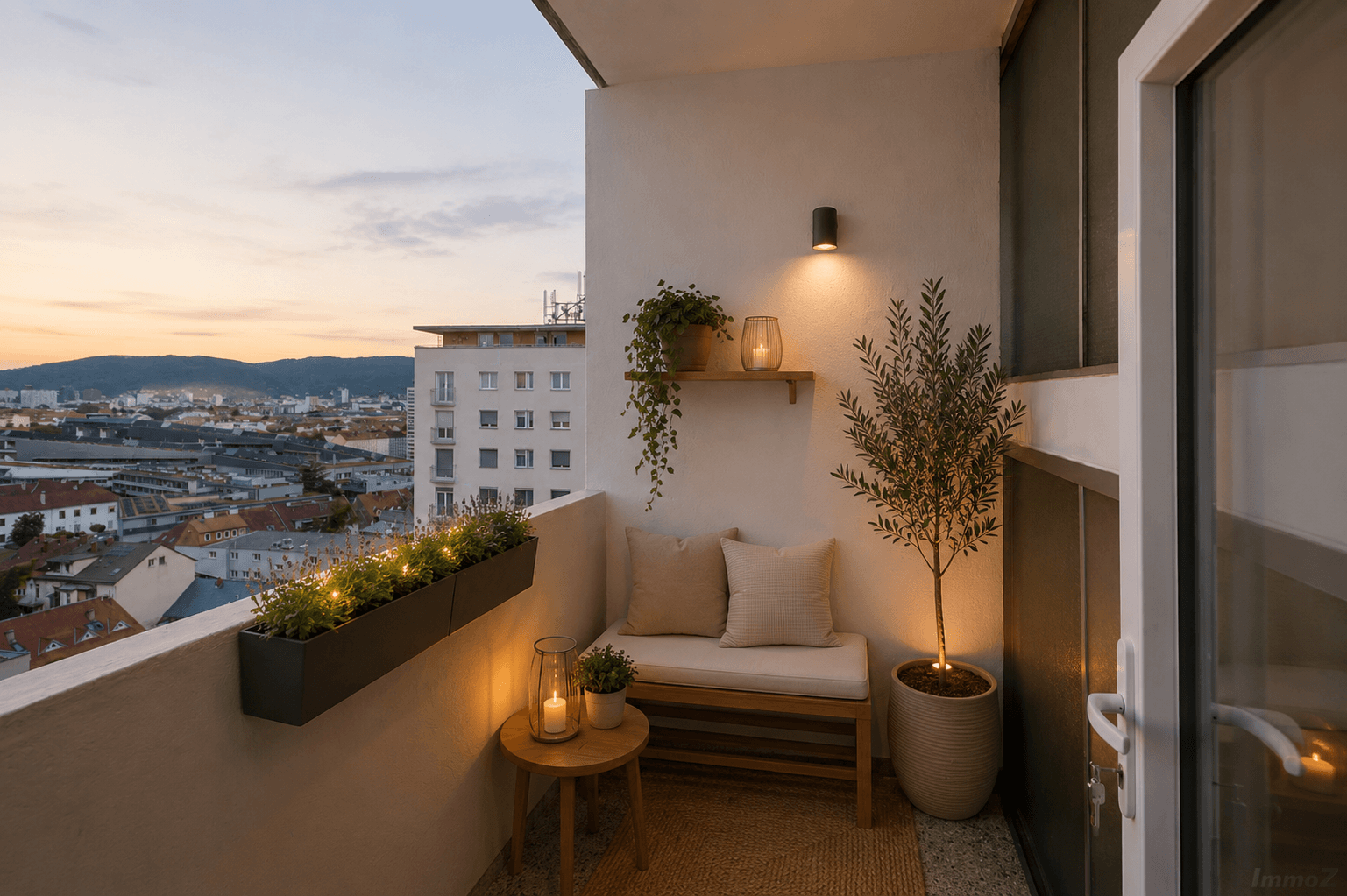 Gemütlicher Balkon bei Sonnenuntergang mit Sitzgelegenheiten, Pflanzen und Blick über die beleuchtete Stadt.