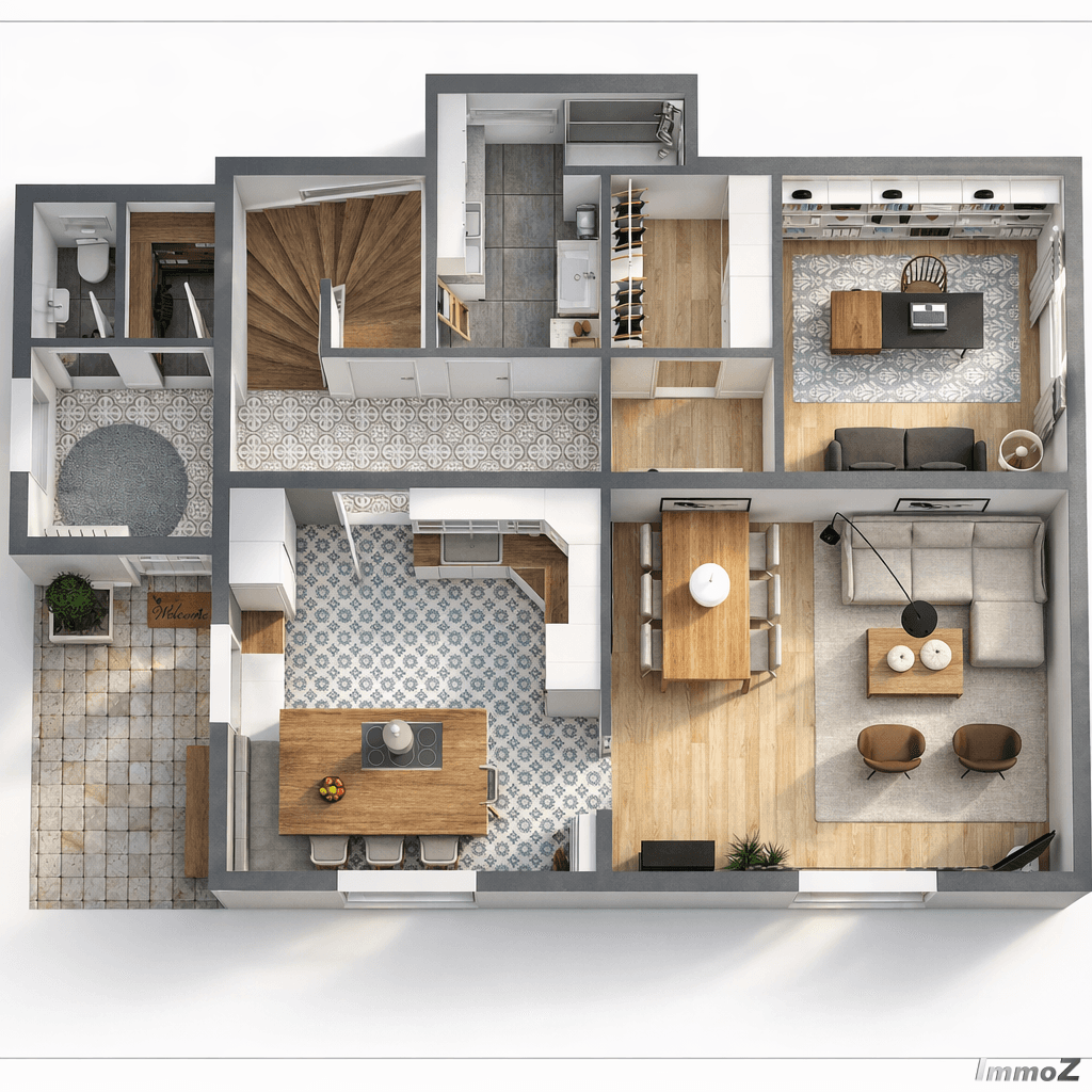 3D-Grundriss des Erdgeschosses mit offenem Wohn-, Ess- und Küchenbereich, modernem Bad und Treppe.