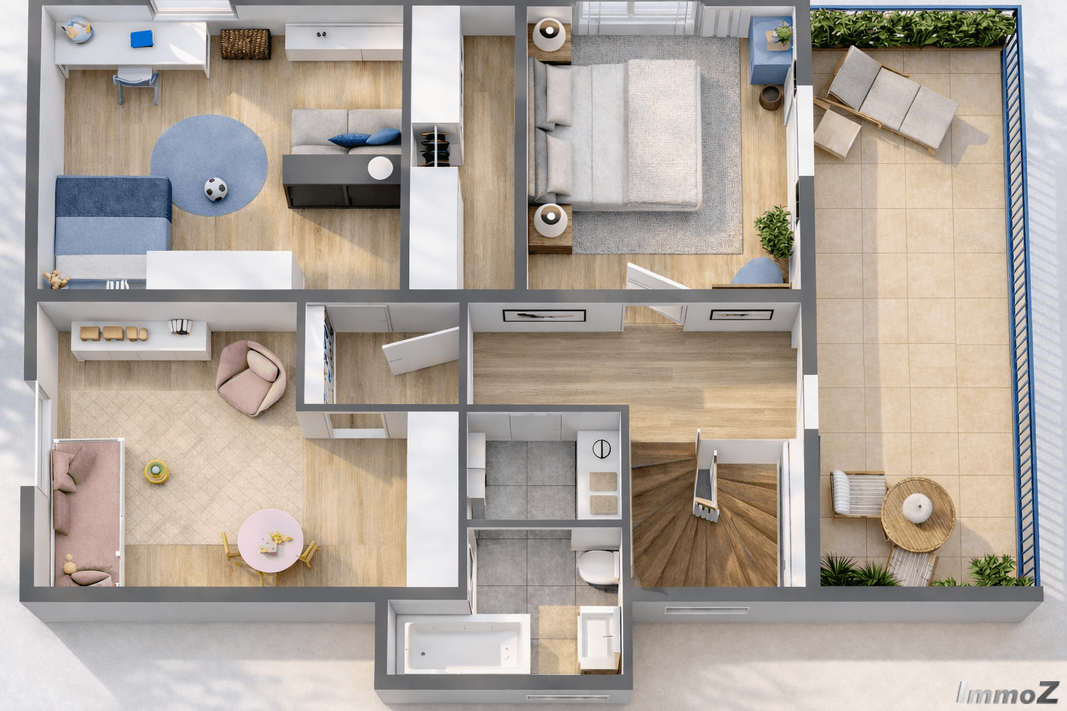 3D-Grundriss des Obergeschosses mit Schlafzimmern, Badezimmer und einer großen Außenterrasse.