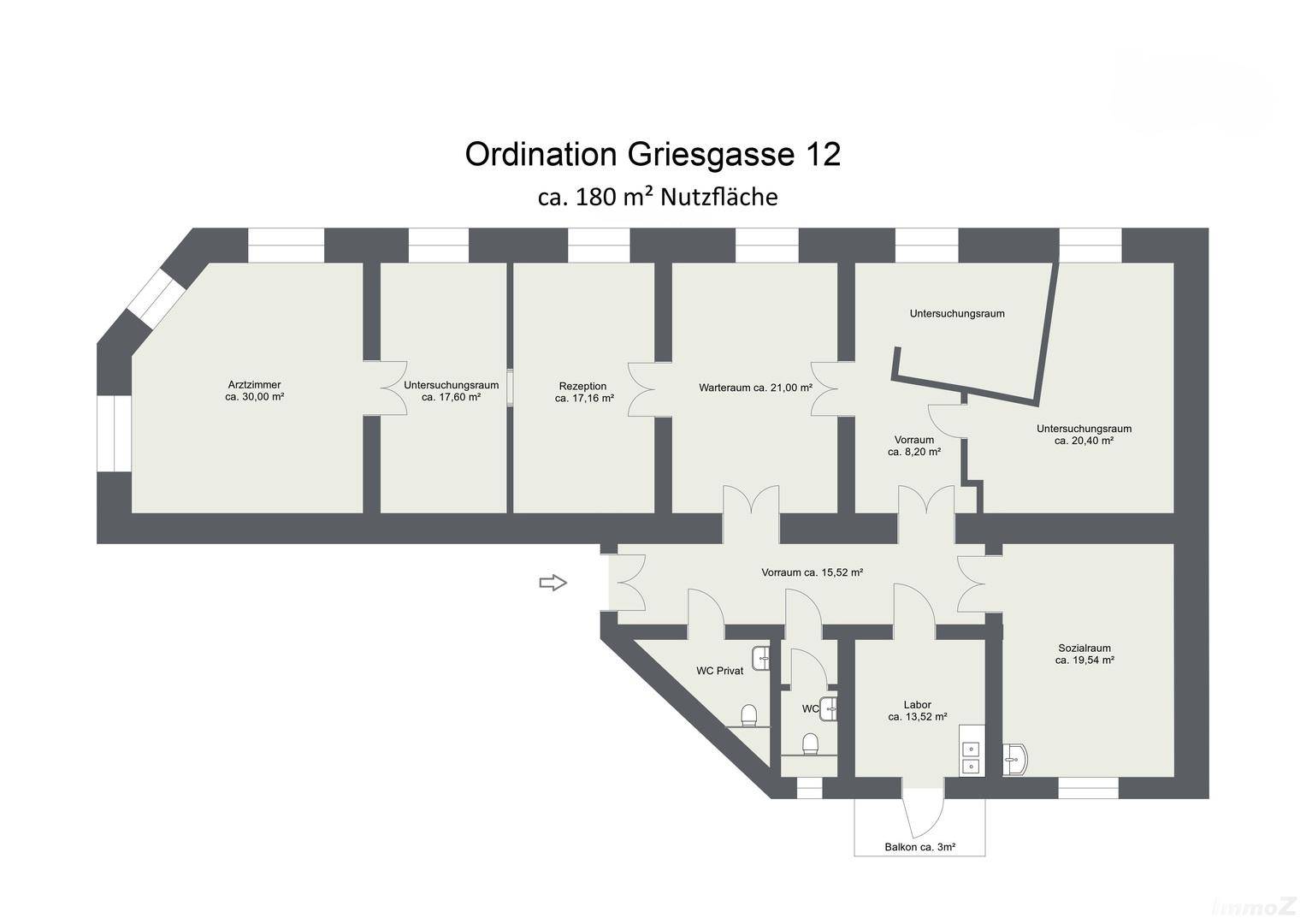 Grundriss einer Ordination mit mehreren Untersuchungsräumen, Wartezimmer, Rezeption und einem kleinen Balkon.