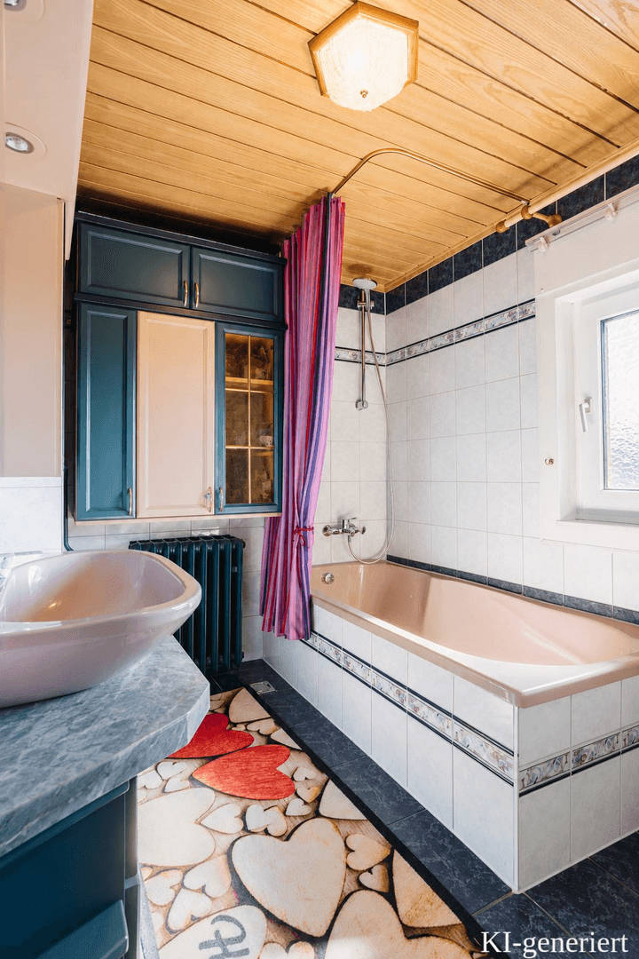 Badezimmer mit Badewanne, Waschbecken, Holzdecke und einem Fenster für natürliches Licht.