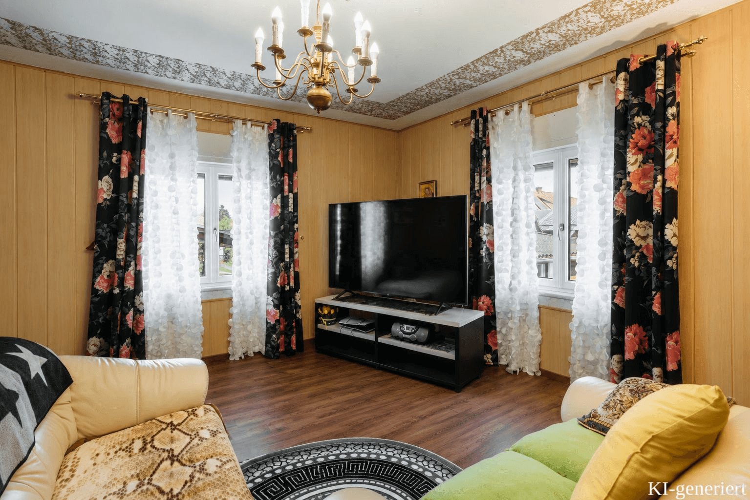 Geräumiges Wohnzimmer mit Holzvertäfelung, großem Fernseher und floralen Vorhängen.