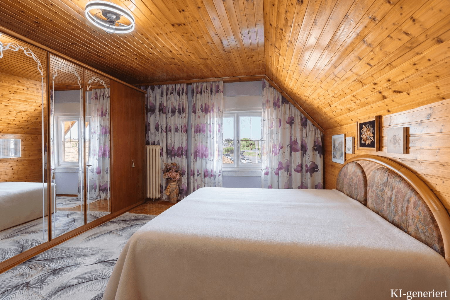 Schlafzimmer im Dachgeschoss mit Holzvertäfelung, großem Bett und Spiegelschränken.