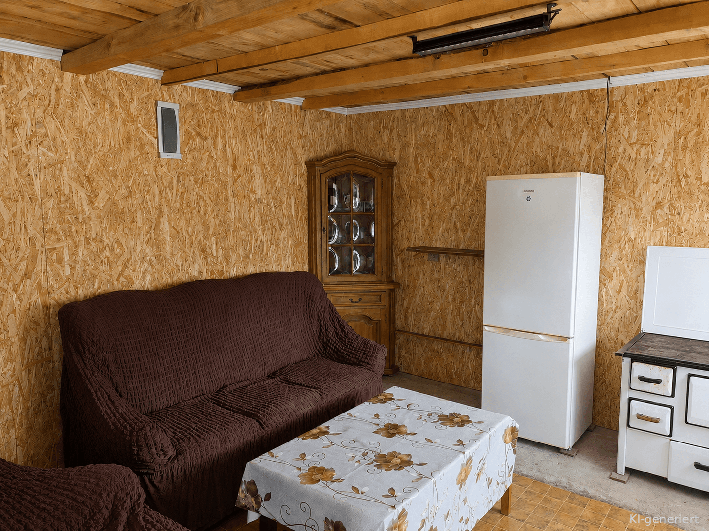 Rustikaler Wohnbereich mit OSB-Plattenwänden, braunem Sofa und einem Kühlschrank.