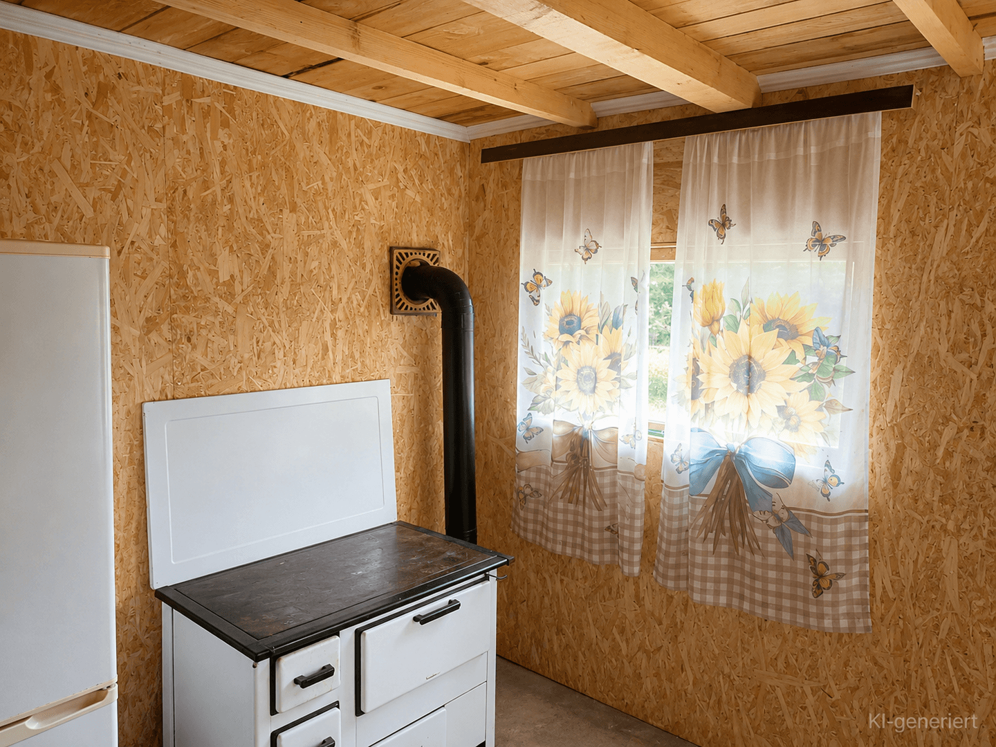 Gemütlicher Innenraum mit Holzofen, OSB-Plattenwänden und Fenster mit Sonnenblumenvorhängen.