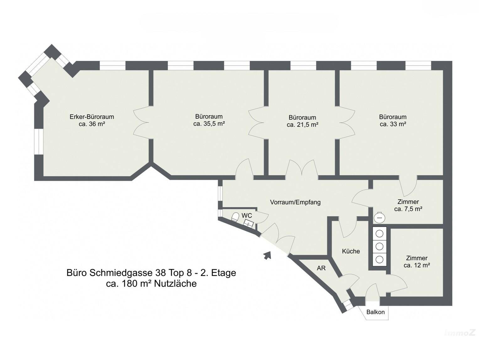 Grundrissplan einer Bürofläche von ca. 180 m² mit mehreren Büroräumen, Küche, WC und Balkon.