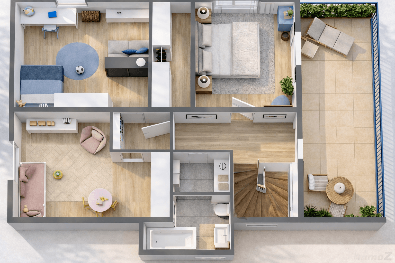 3D-Grundriss des Obergeschosses mit Schlafzimmern, Badezimmer und einer großen Außenterrasse.