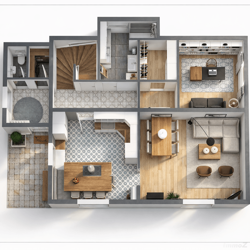 3D-Grundriss des Erdgeschosses mit offener Küche, Essbereich, Wohnzimmer und einem Büro.