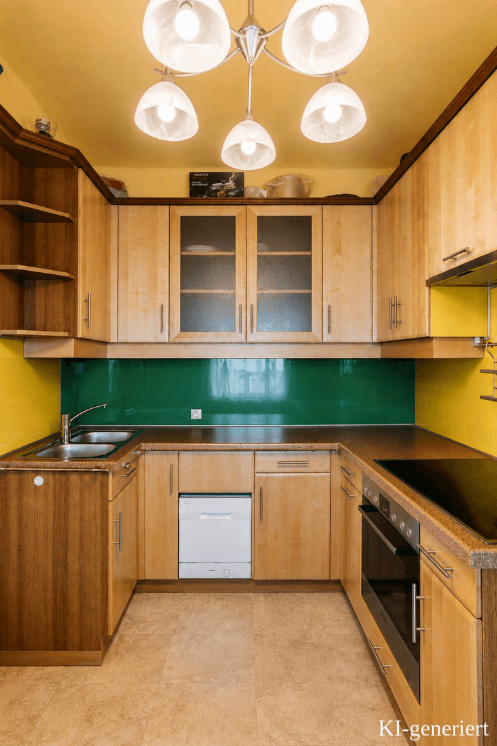Helle Küche mit Holzfronten, gelben Wänden und einer grünen Spritzschutzwand, ausgestattet mit modernen Geräten.