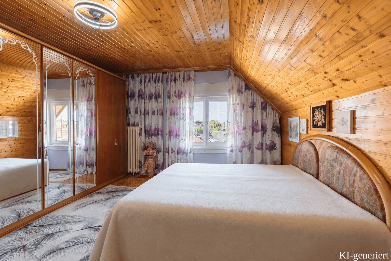 Gemütliches Schlafzimmer im Dachgeschoss mit Holzdecke, Spiegelschränken und einem Fenster mit Ausblick.