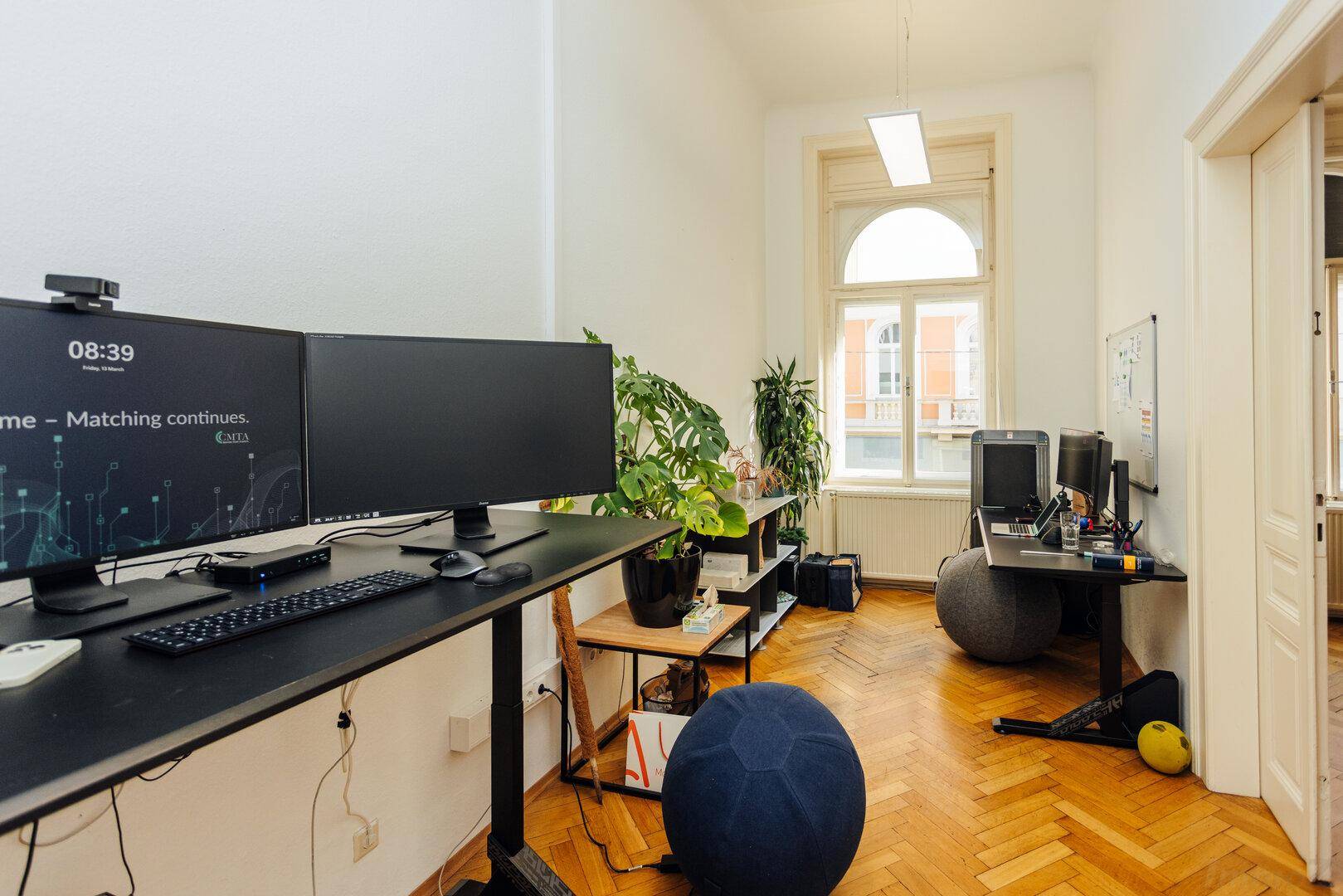 Modernes Büro mit ergonomischen Arbeitsplätzen, Pflanzen und einem großen Fenster.