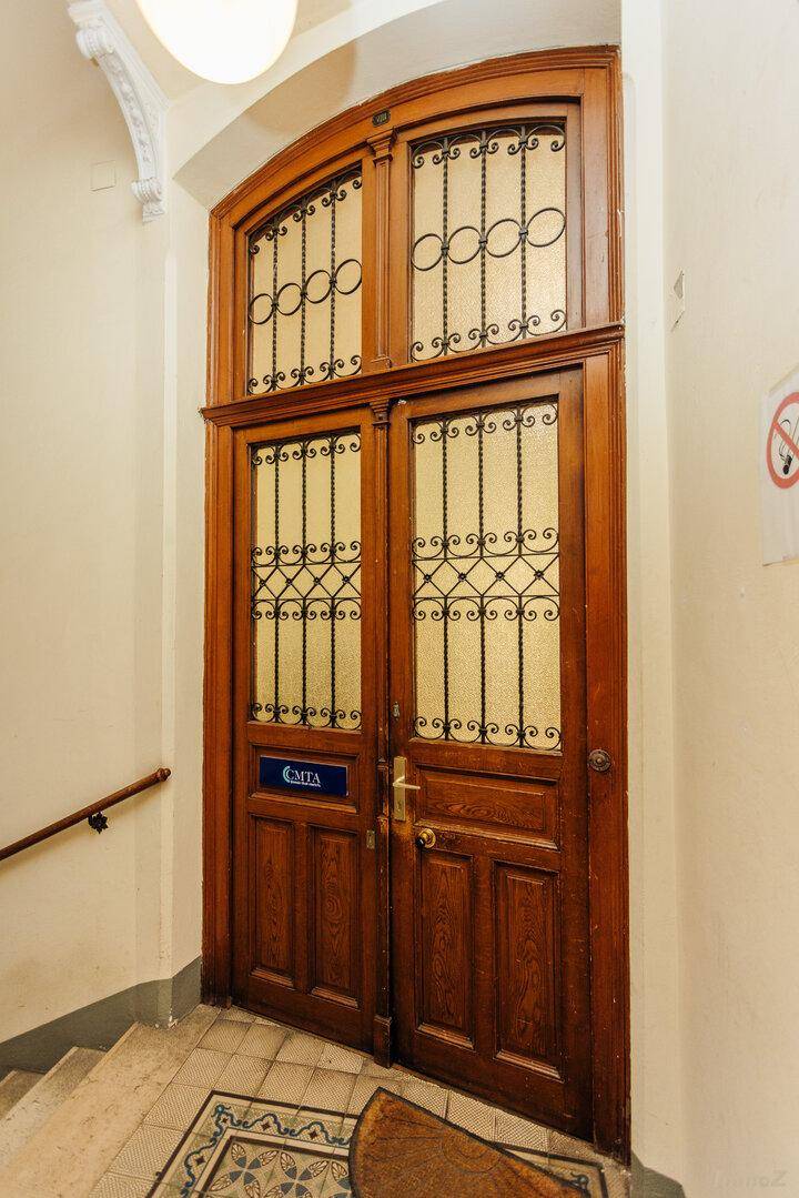 Prunkvolle Holzeingangstür mit verzierten Glasfeldern in einem Altbau.