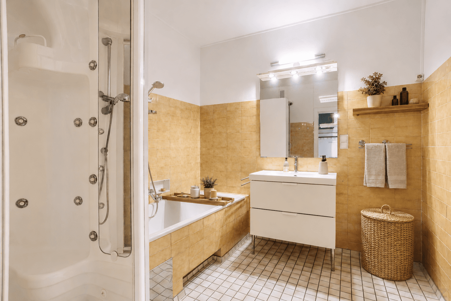 Badezimmer mit gelben Fliesen, Badewanne, Duschkabine und modernem Waschtisch.