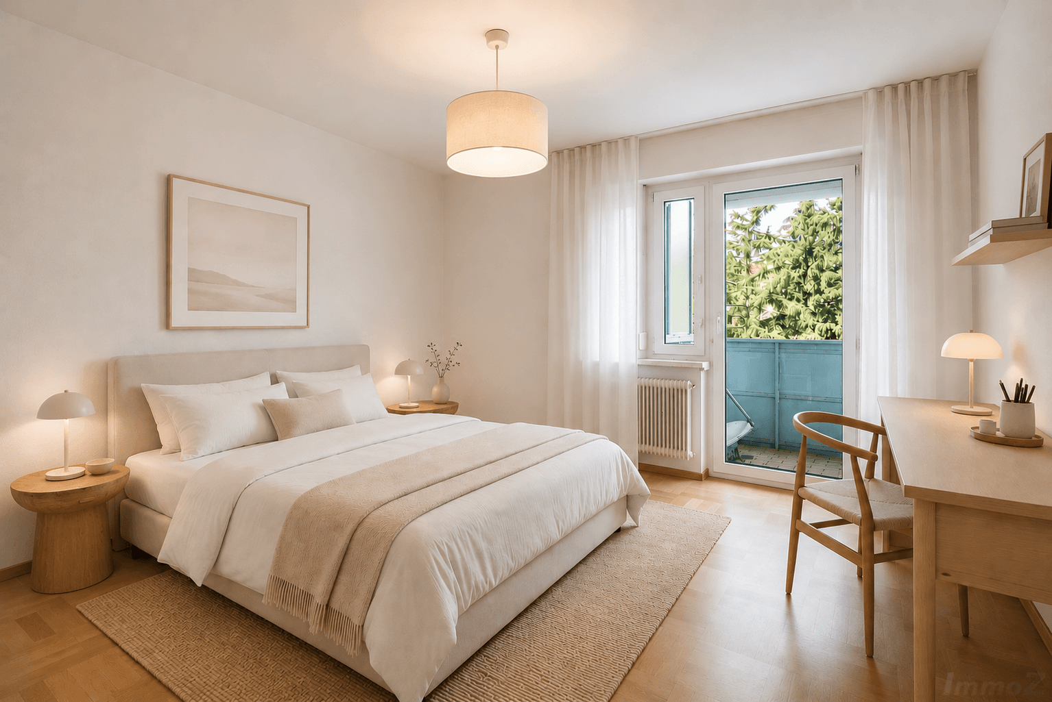 Helles Schlafzimmer mit Holzboden, Schreibtisch und Zugang zum Balkon.
