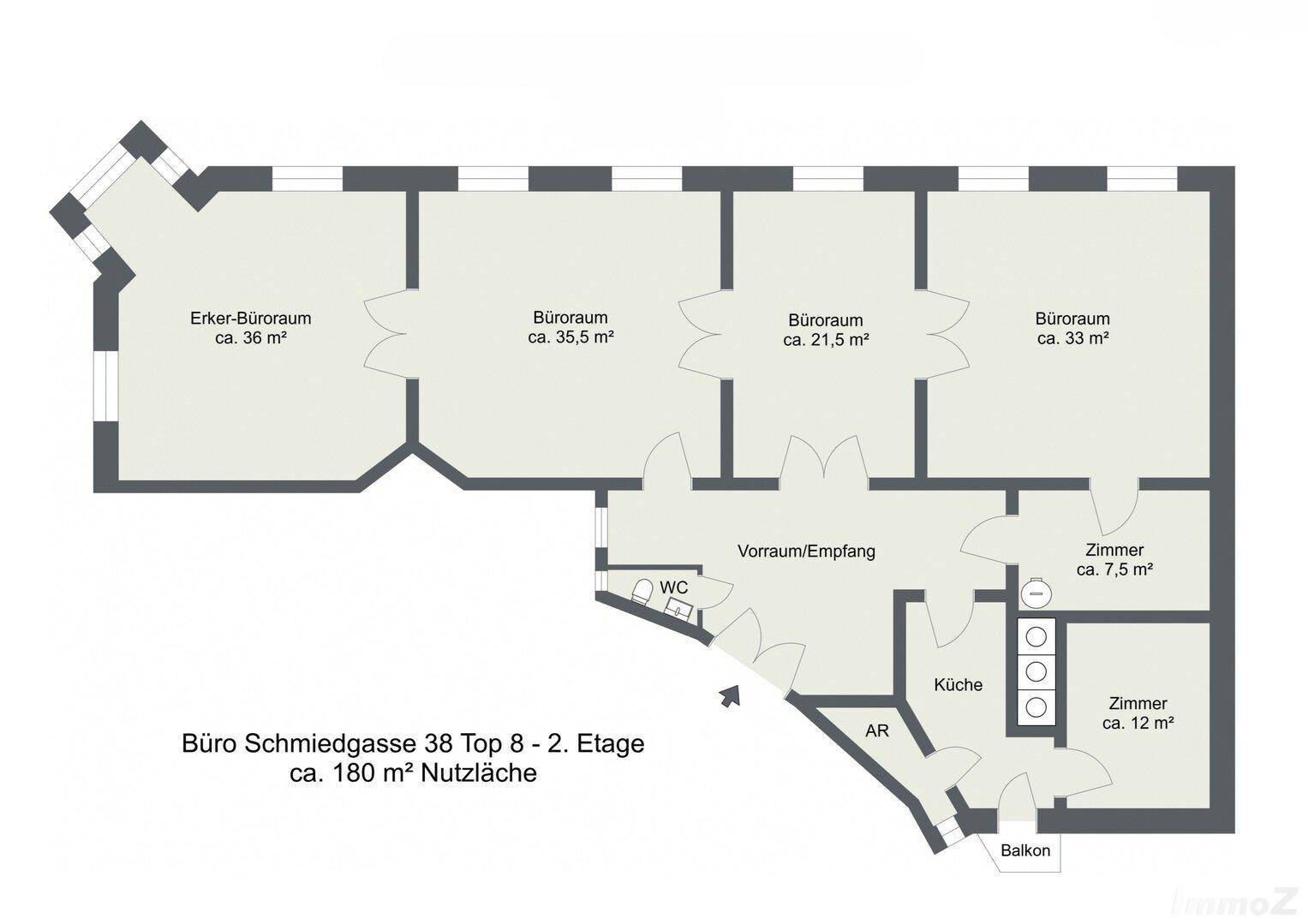 Grundriss einer Bürofläche von ca. 180 m² mit mehreren Räumen und Balkon.