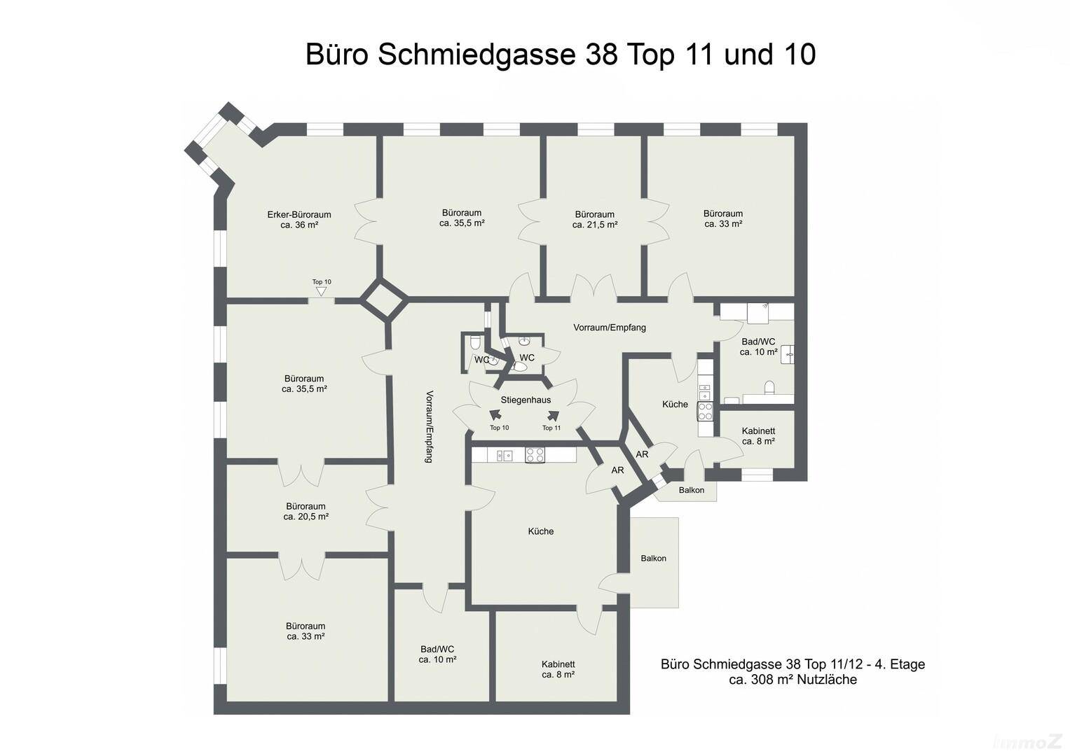 Grundrissplan der Büroräume Schmiedgasse 38 Top 11 und 10, mit mehreren Büros, zwei Küchen, Bädern und Balkonen.