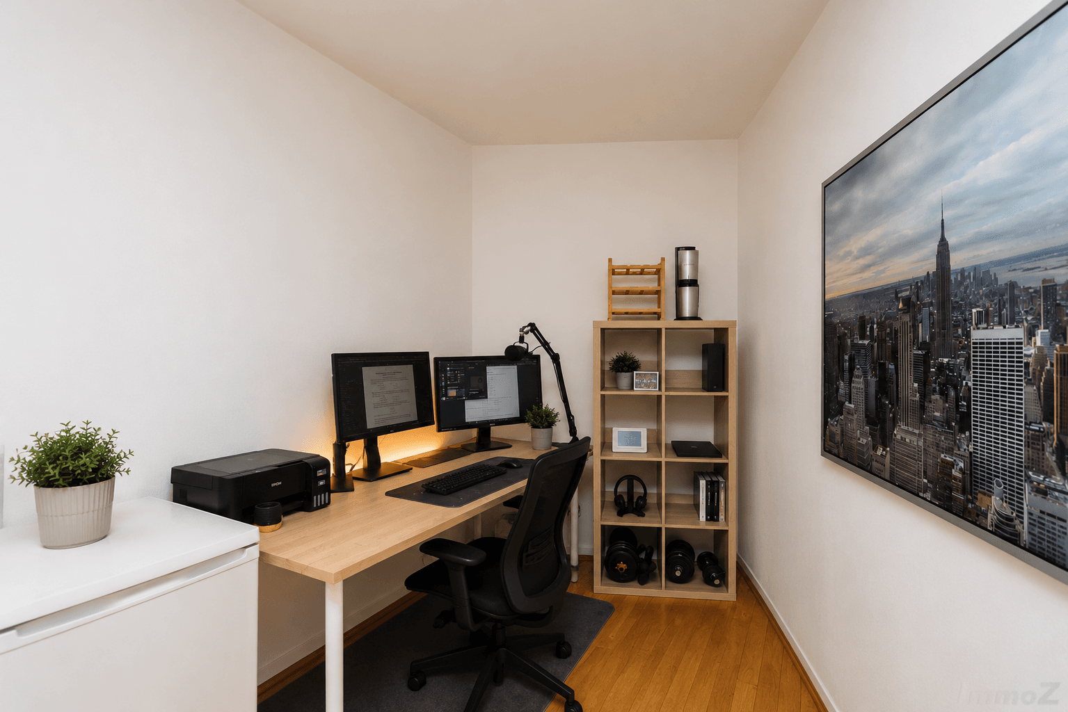 Modernes Heimbüro mit zwei Monitoren, Holzschreibtisch und Regalsystem.