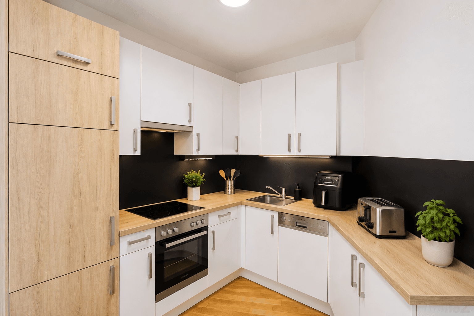 Moderne Einbauküche mit weißen Schränken, Holzarbeitsplatte und Induktionskochfeld.