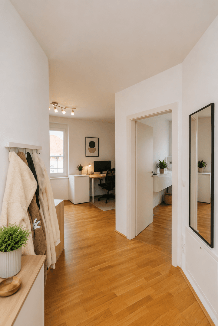 Heller Flur mit Garderobe, Holzfußboden und Zugang zu weiteren Räumen.