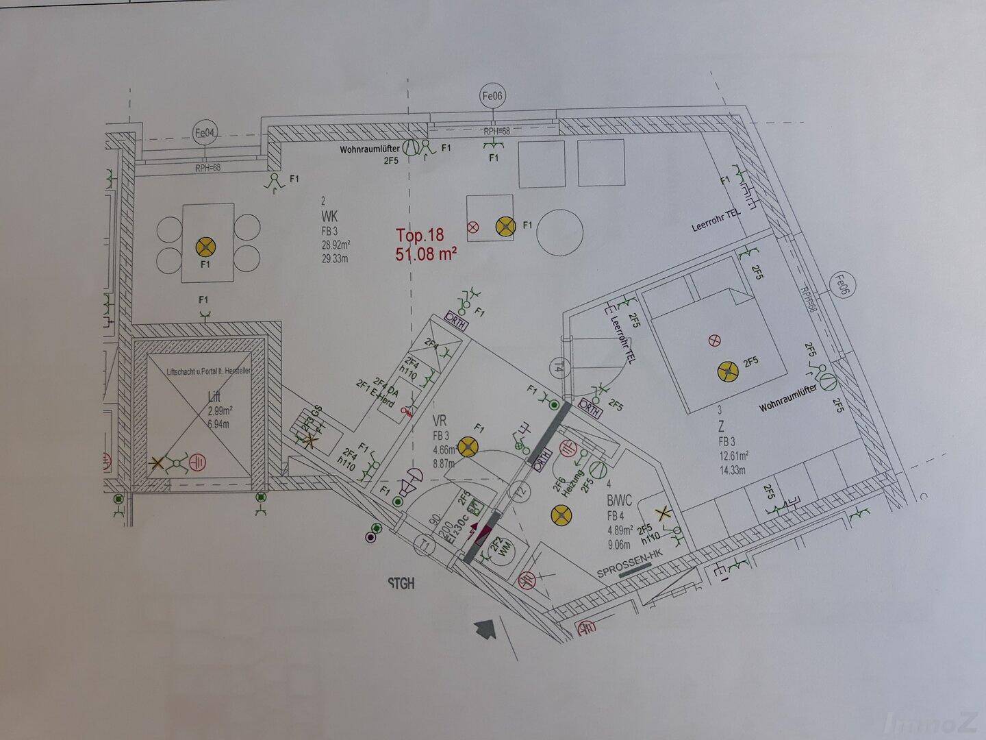 Grundriss der Wohnung Top 18 mit 51,08 m² Wohnfläche und Raumaufteilung.