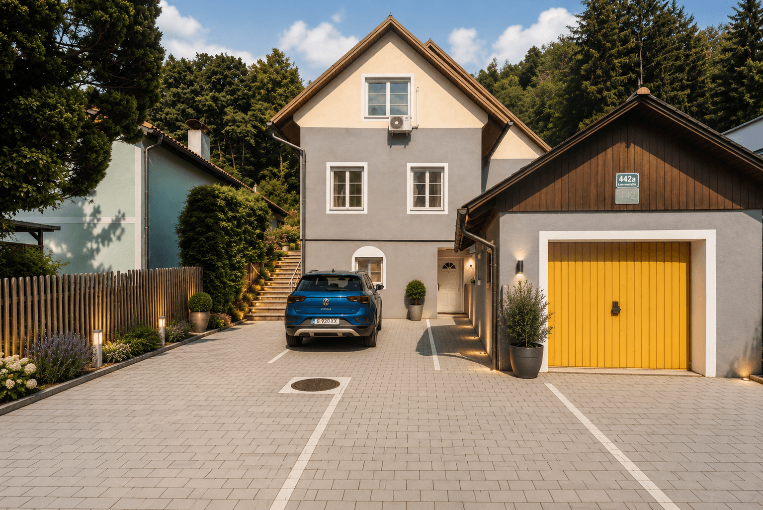 Ansicht eines modernen Wohnhauses mit Parkplätzen und einer gelben Garagentür.