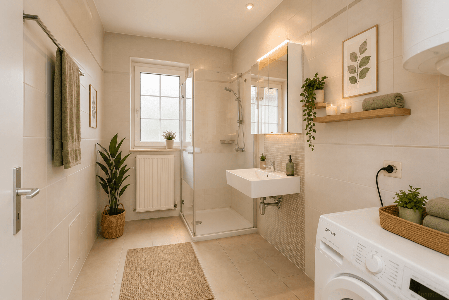 Modernes Badezimmer mit Dusche, Waschbecken, Waschmaschine und Fenster.