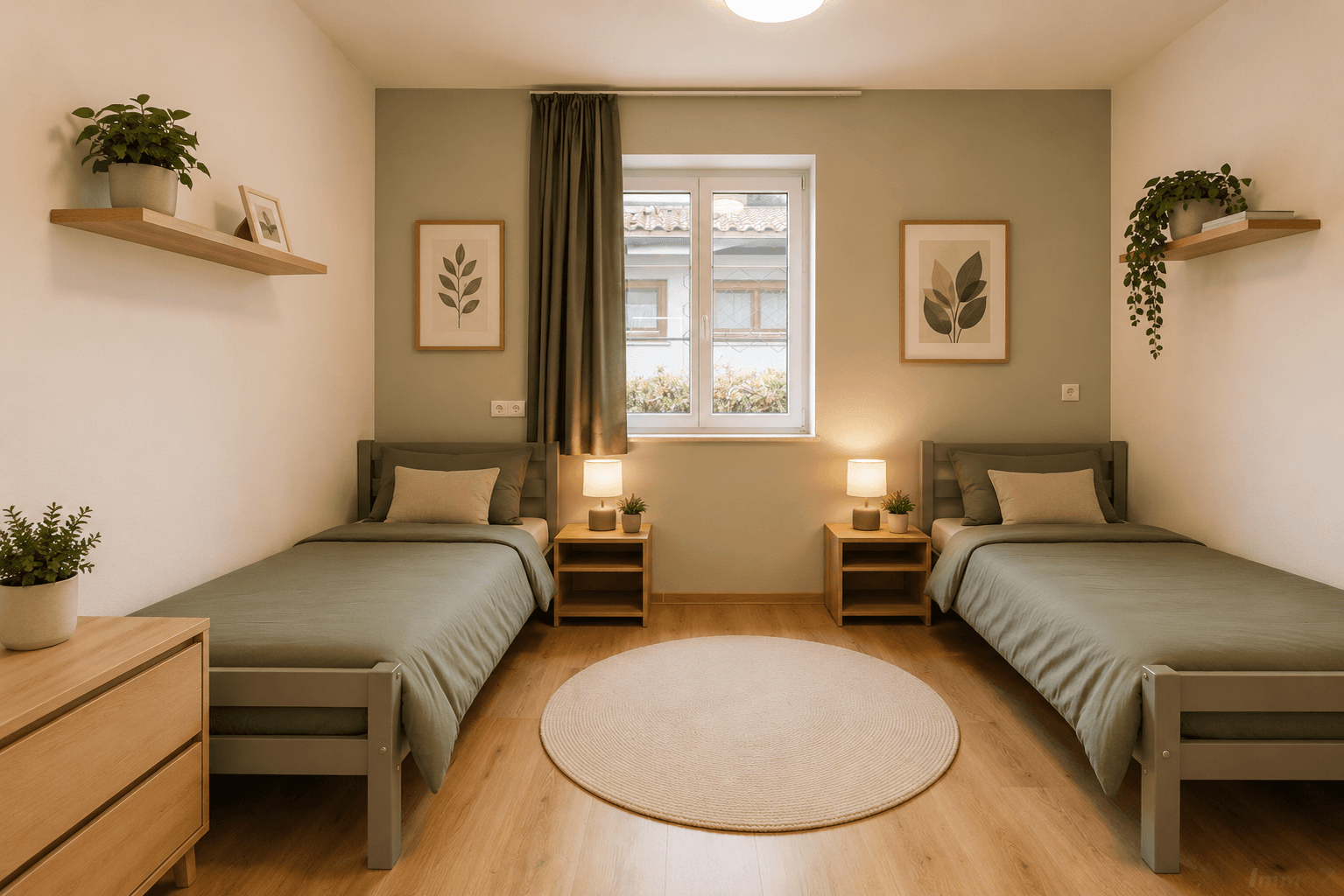 Helles Schlafzimmer mit zwei Einzelbetten, Holzmöbeln und einem Fenster.