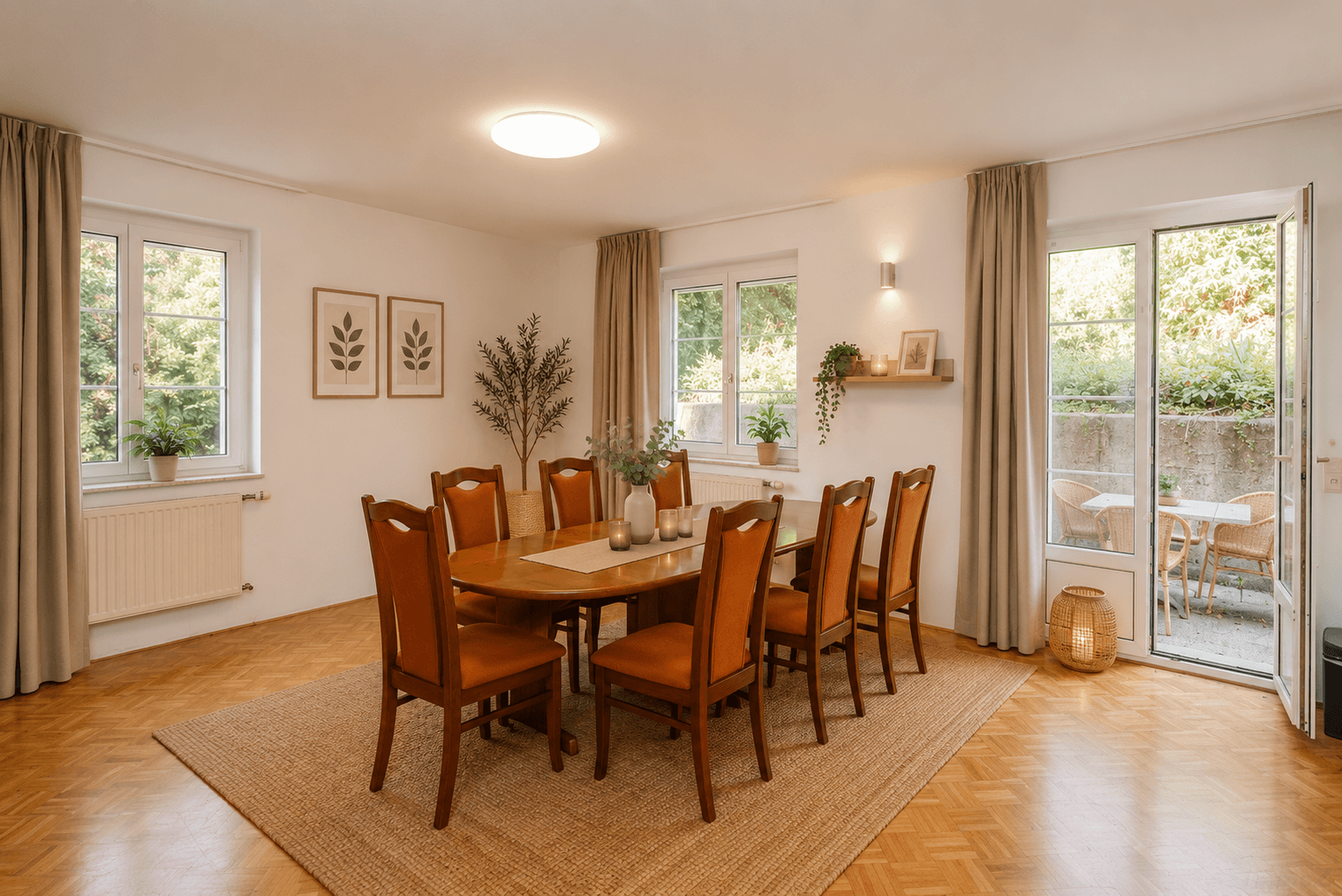 Heller Essbereich mit Holztisch, Stühlen und Zugang zu einer Außenterrasse.