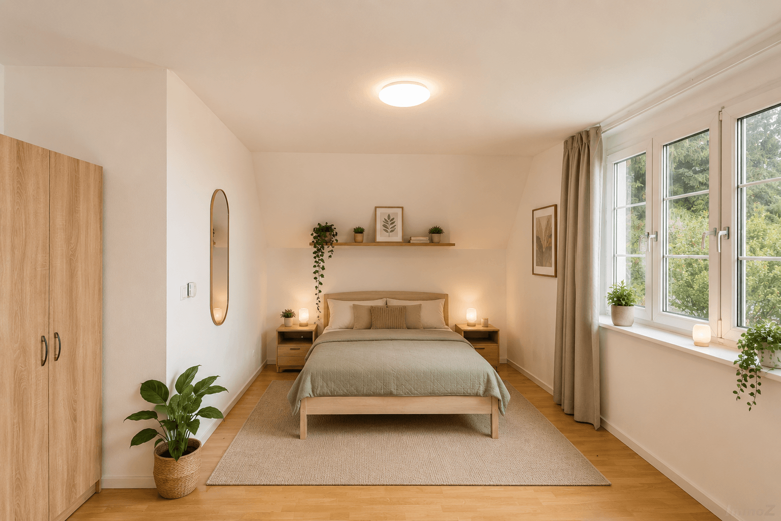 Gemütliches Schlafzimmer mit Doppelbett, Holzmöbeln und großen Fenstern mit Blick ins Grüne.